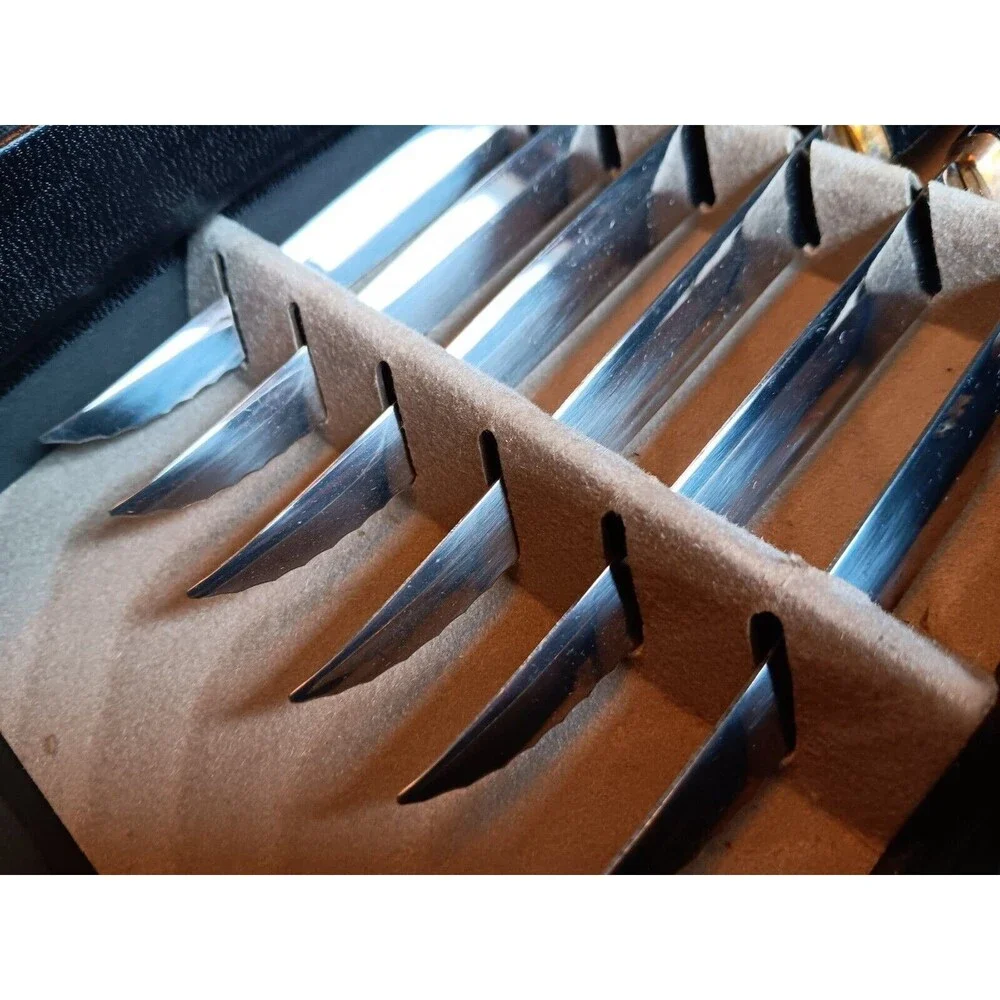 Vintage 1950 MCM Imperial Stainless 6 Carving Steak Knives & Meat Fork Set of 9